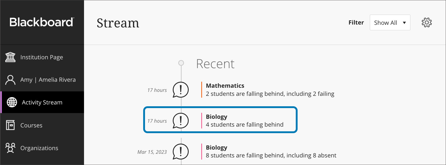 Screenshot of the Activity Stream tab of the base navigation. One of notifications, outlined in blue, shows that there are 4 students falling behind in Biology.