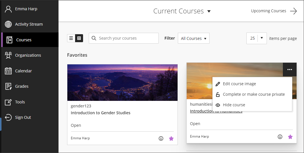 Image of the Courses page of the base navigation. The Introductions to Humanities course has the ellipse menu open and Edit is in the dropdown