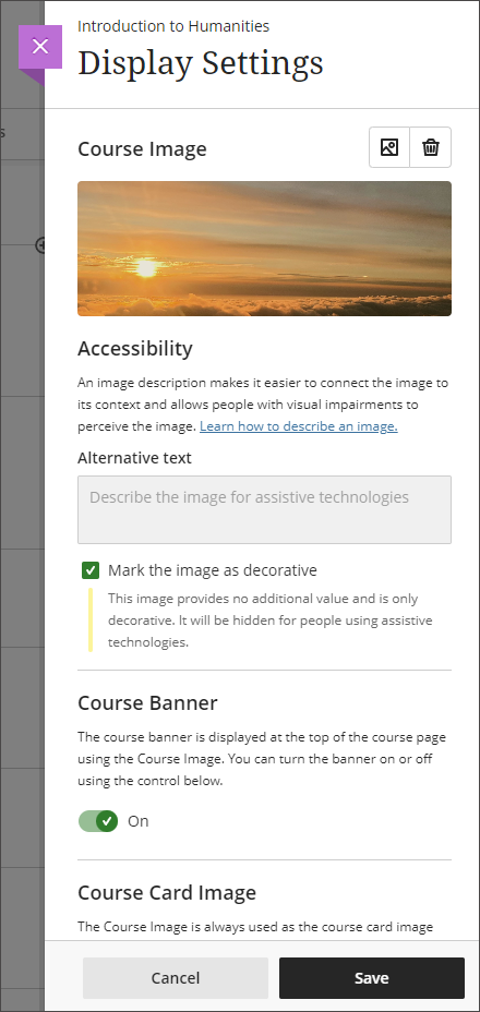 Image of the Display Settings Panel, showing the cloudy sky course banner image above the different setting options