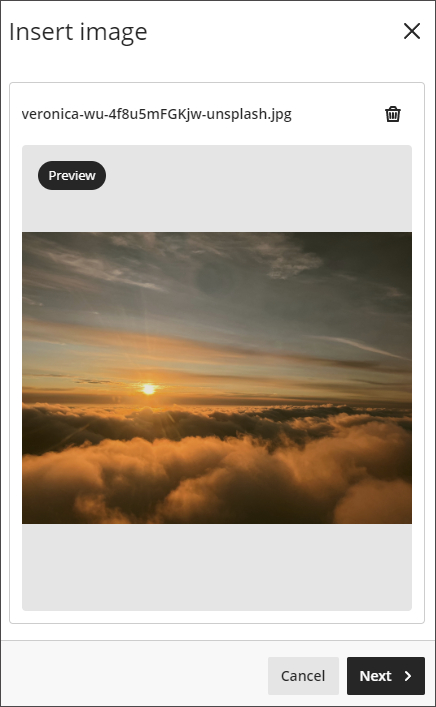 The Insert Image window, showing a preview of a clouds