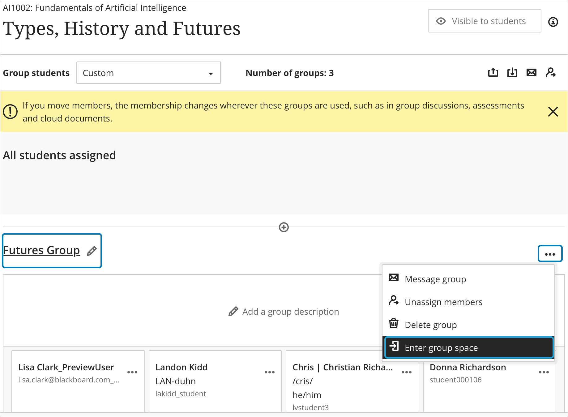 Instructor view - Access to Group Spaces from Group Management