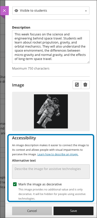 Accessibility settings for Learning Module image