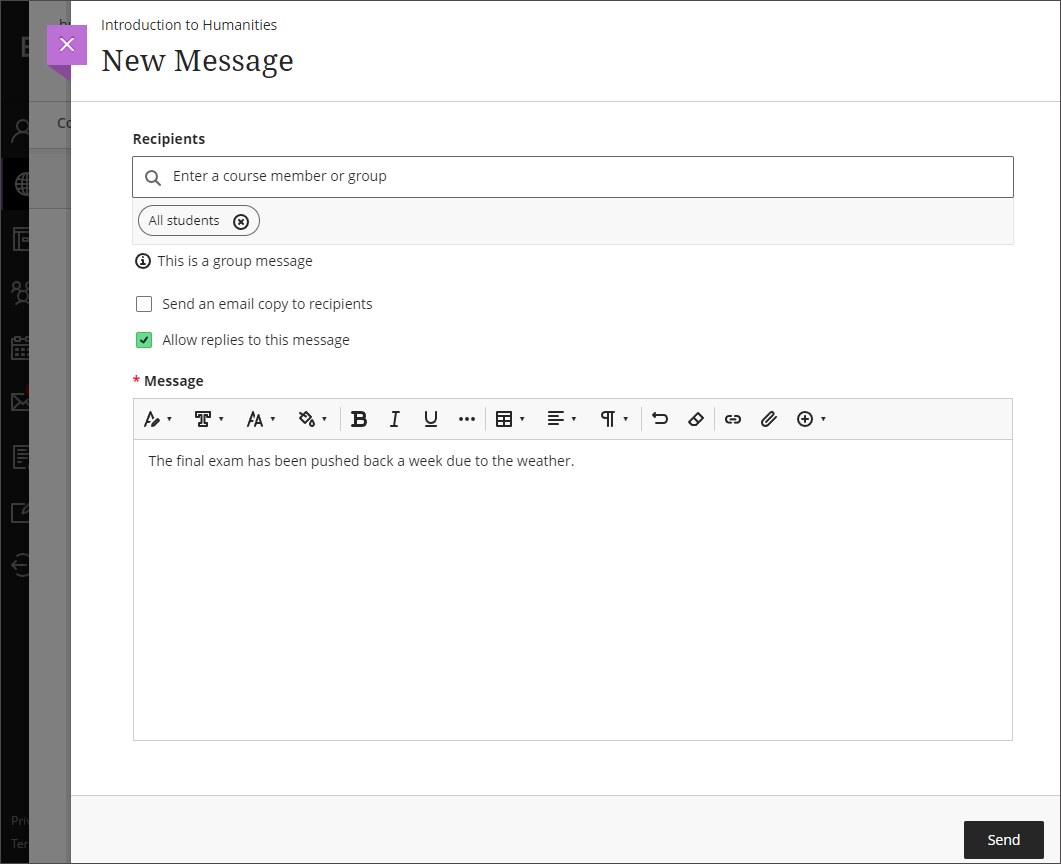 Image of the New Message window, showing the checkbox for allowing students to reply to the message