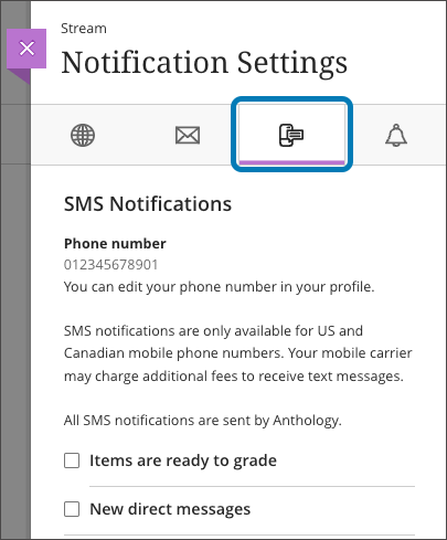 Example of end-user SMS notification settings