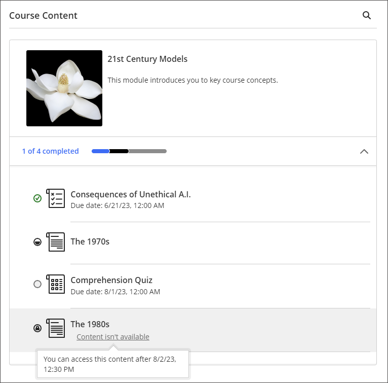 Image of a learning module with all types of progress icon
