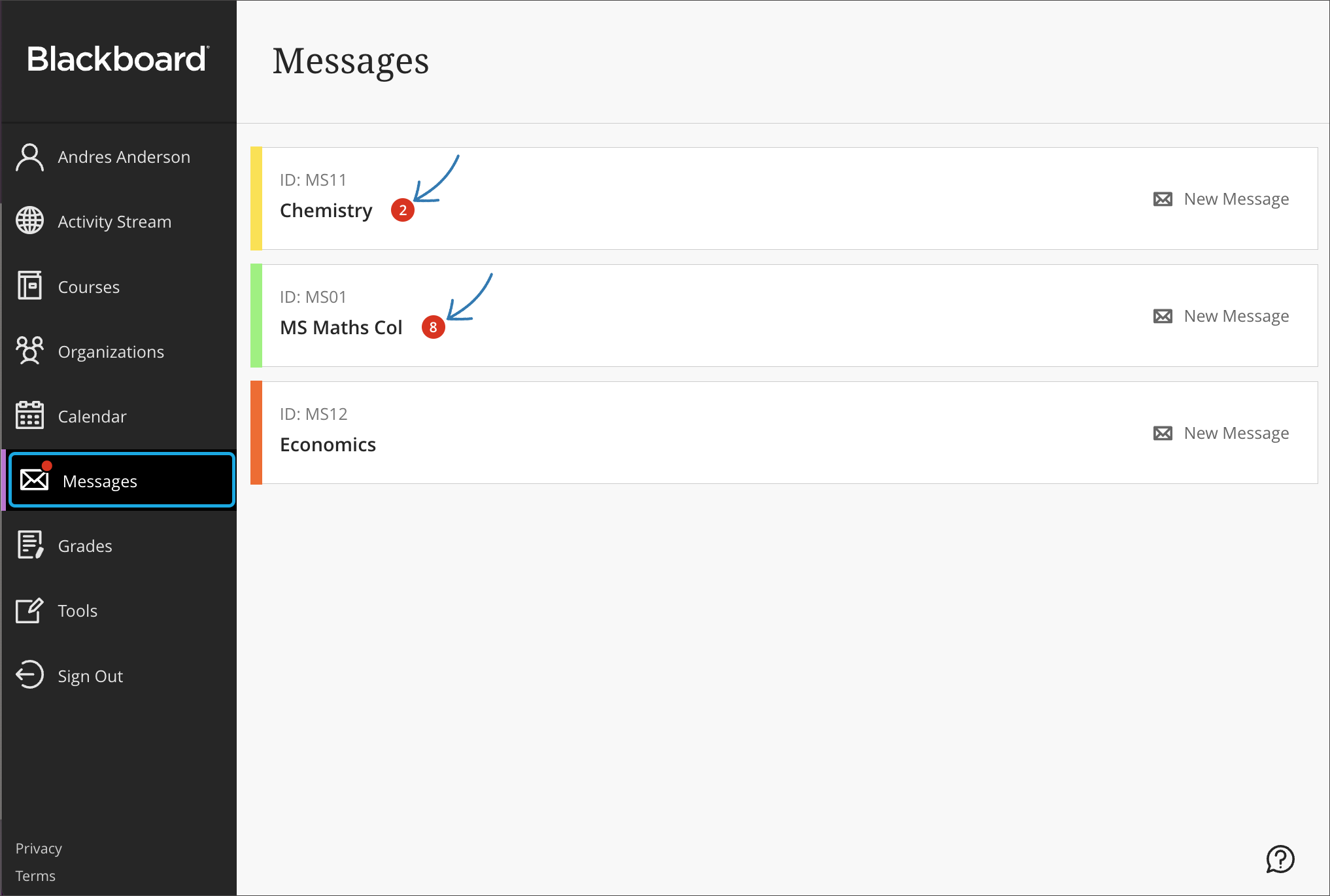 Messages tab in Base Navigation, courses with unread messages listed first