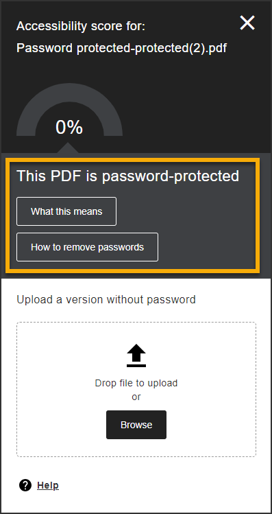 Ally's Instructor Feedback highlighting the password protected issue in PDF files