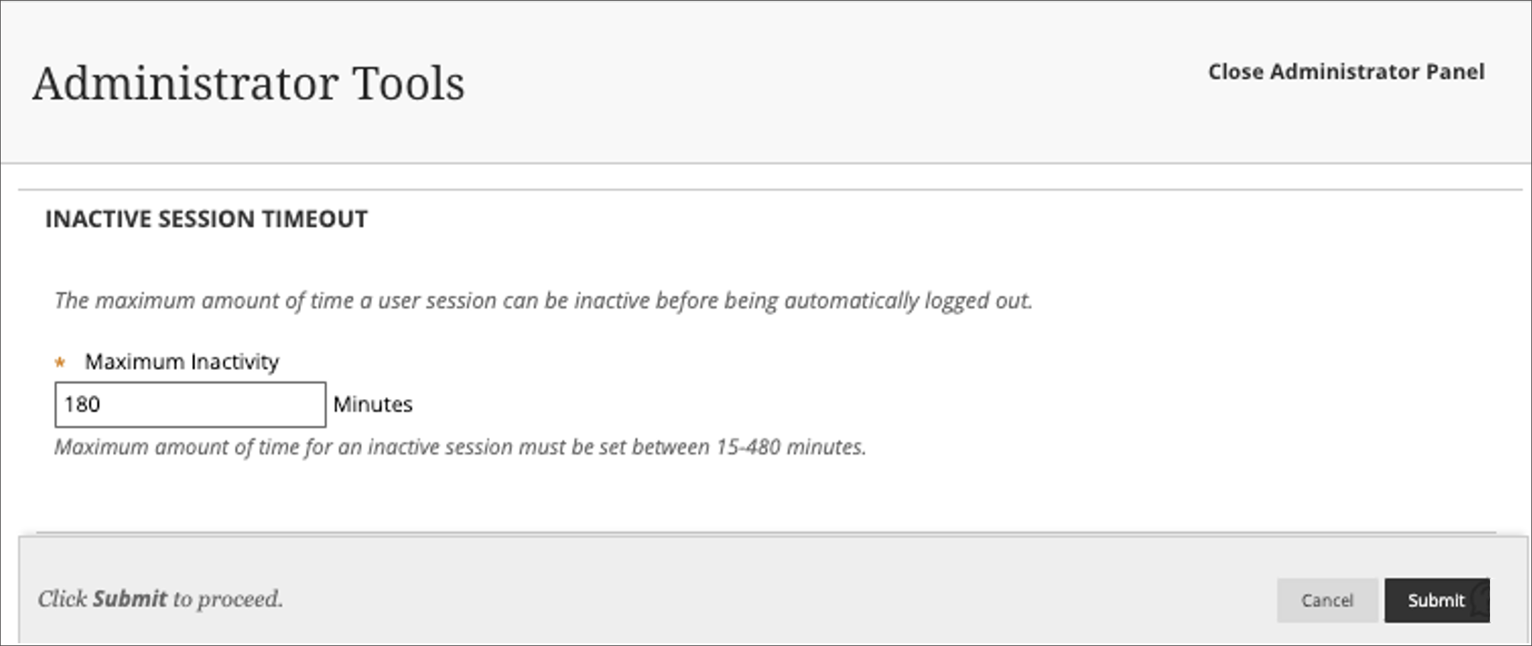 Inactive session time-out configuration from the Administrator Tool Panel