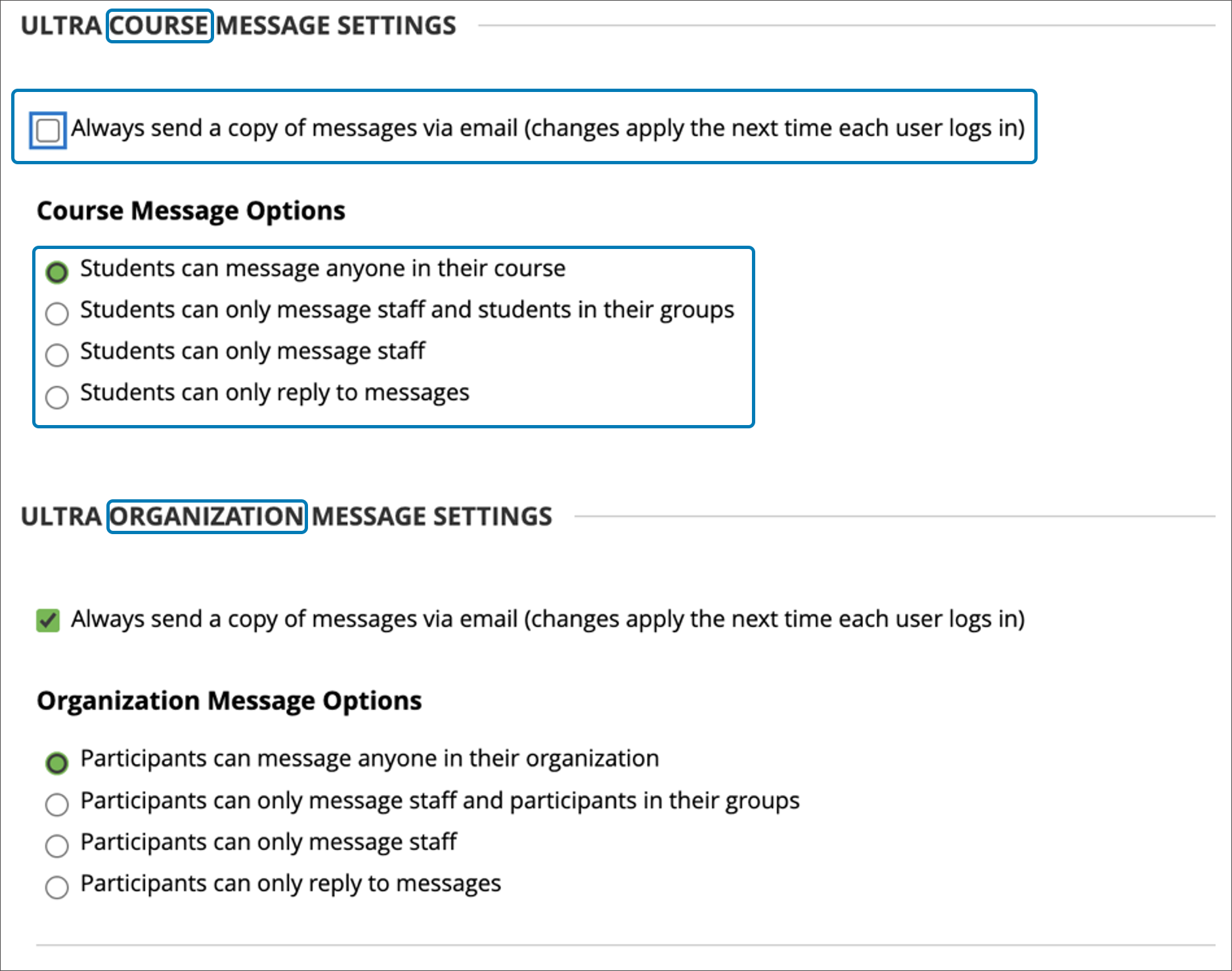 Administrator’s view of Ultra Course Message Settings