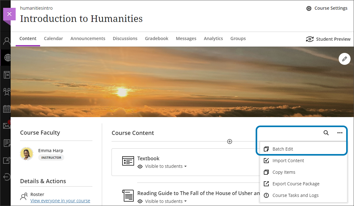 Image of the Course Content page, with the three dot menu open and Batch Edit highlighted