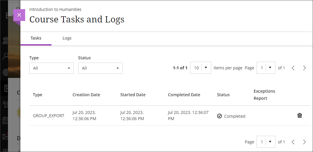 Image of the Course Tasks and Logs panel