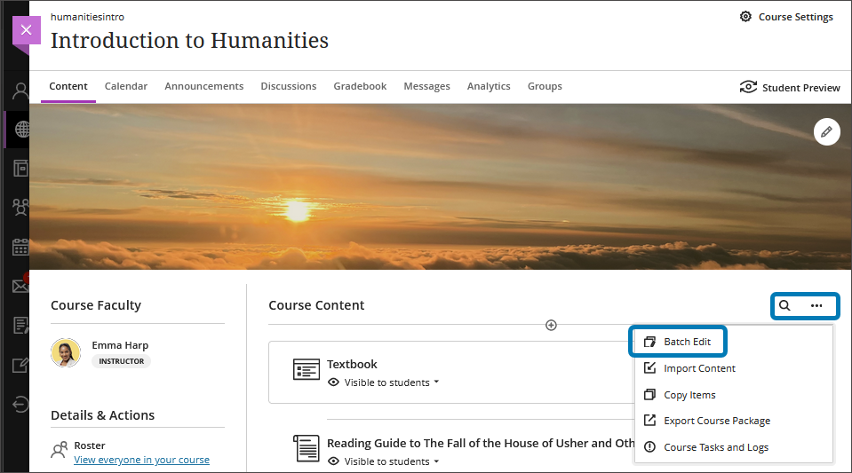 The Course Content page, with the three dot menu highlighted and the Batch Edit option highlighted in the dropdown menu