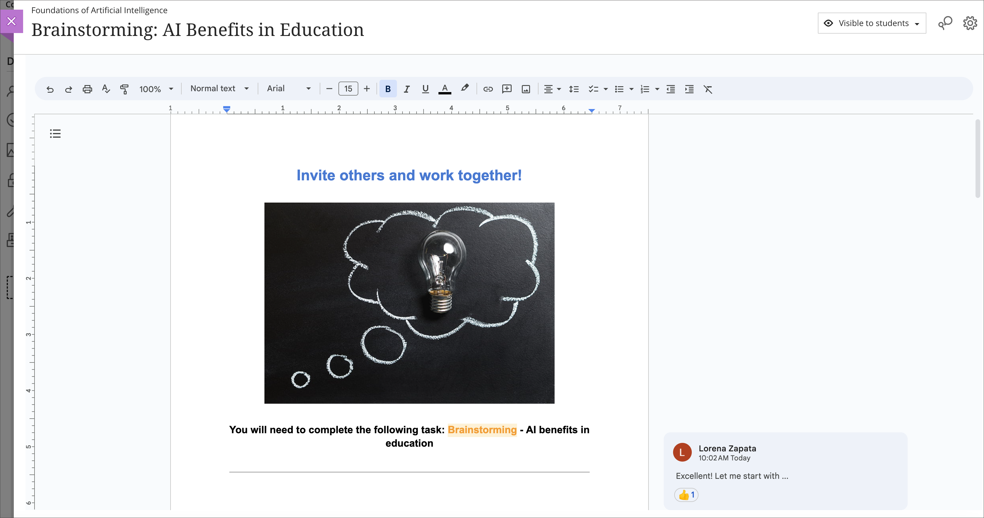 Image 1: Example of an embedded Google collaborative document for students