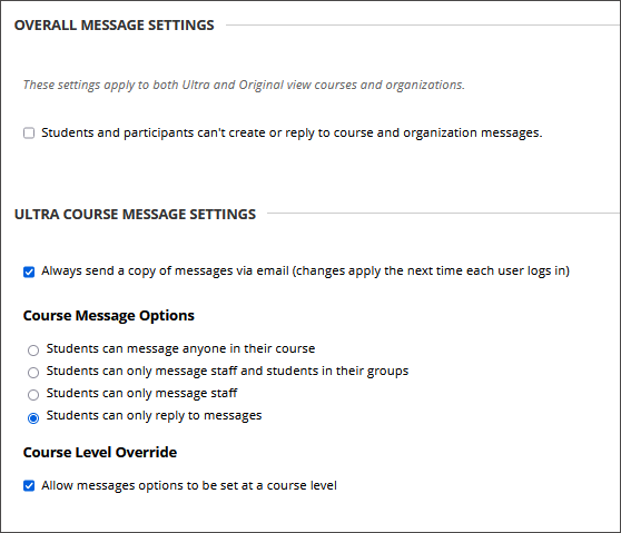 Settings page for Messages