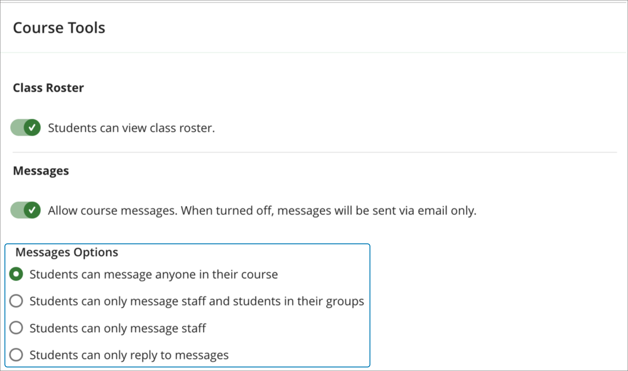 Instructor's view of Message Options from Course Settings