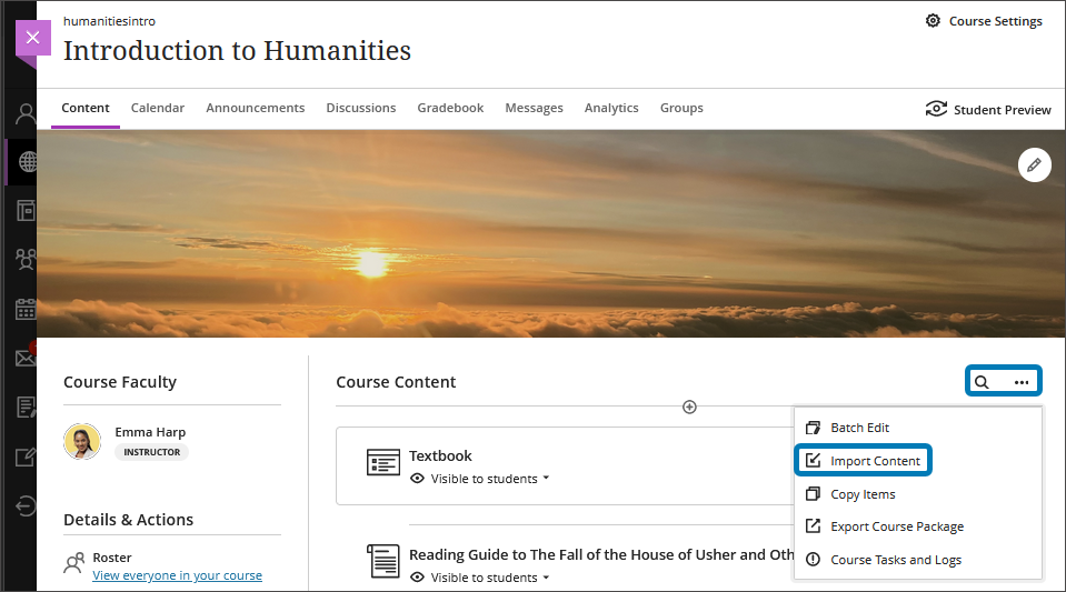 Image of the Course Content page, with the More options menu expanded and Import Content highlighted