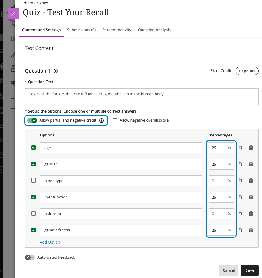 Question credit auto-distributes across correct answer options; values can be edited