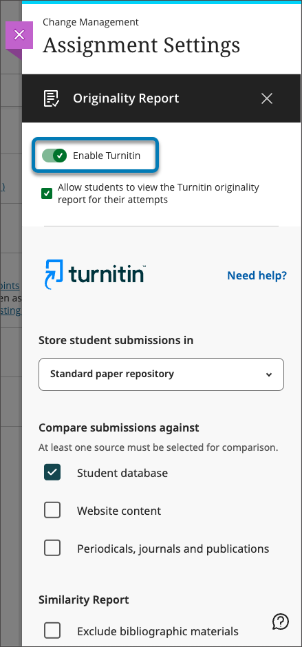 instructor enables TurnItIn in Assessment Settings
