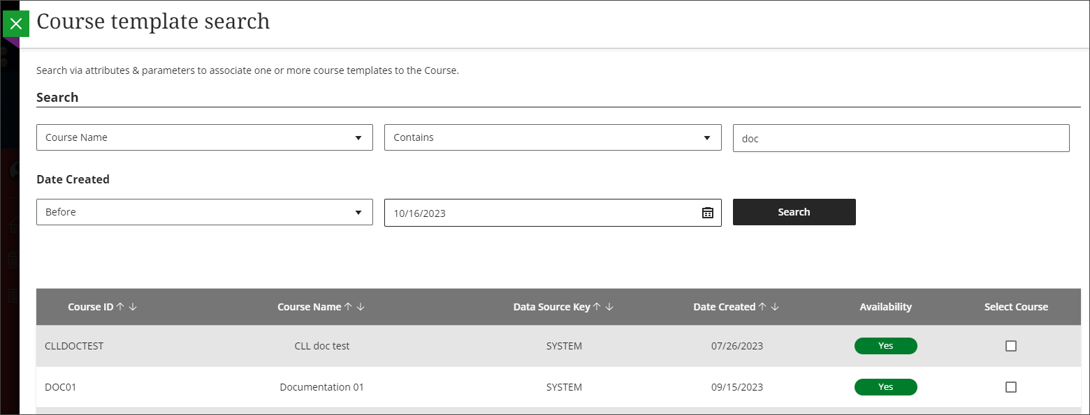 Course Template Search in Create Course