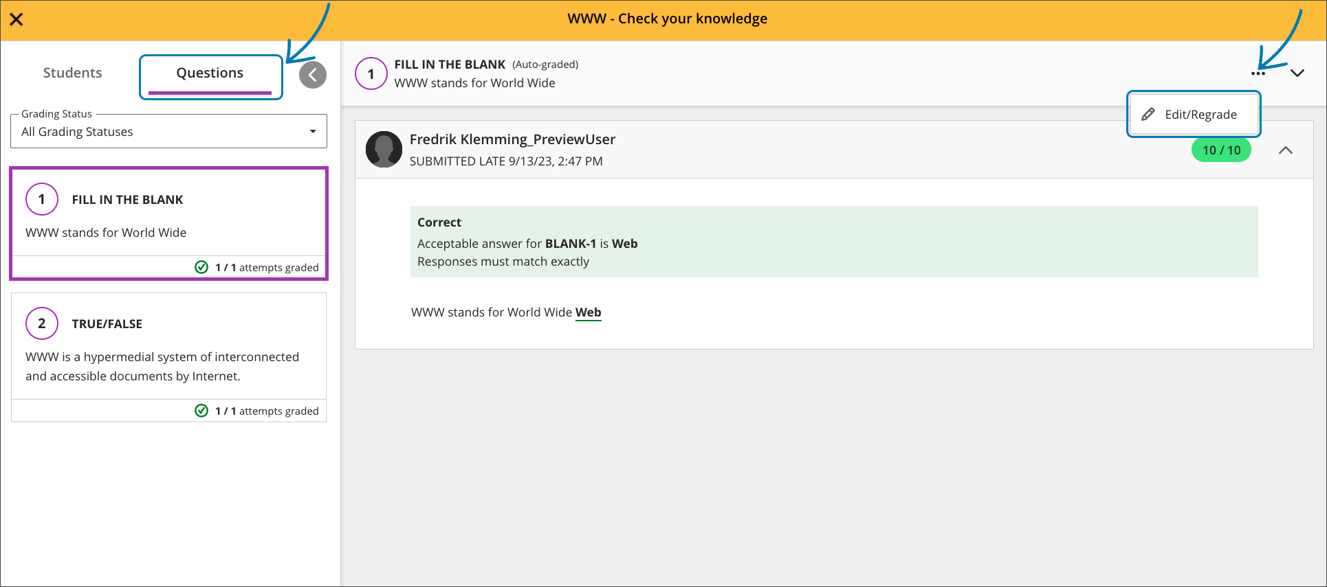 Instructor view - Edit/Regrade option when grading a test by question