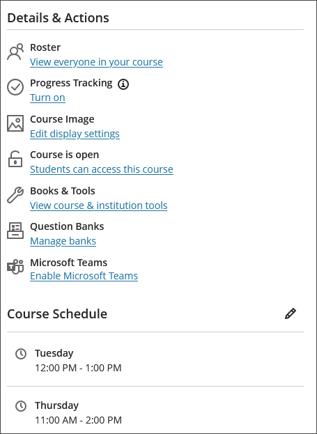Image of the Course Schedule beneath the Details & Actions section, showing two different course event times