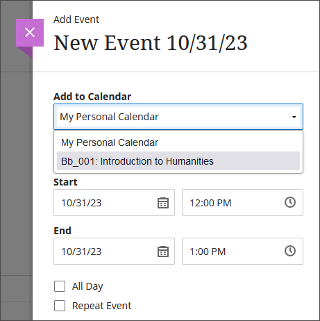 Image of the Add Event panel, showing a course calendar as an option beneath the personal calendar in a dropdown menu