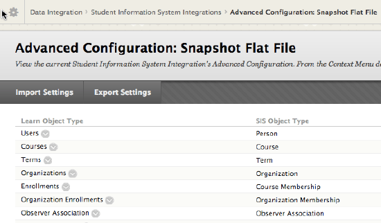 The Advanced Configuration screen provides a listing of the objects supported for that object in Learn. 