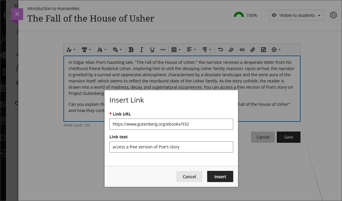 Image of the Insert Link popup