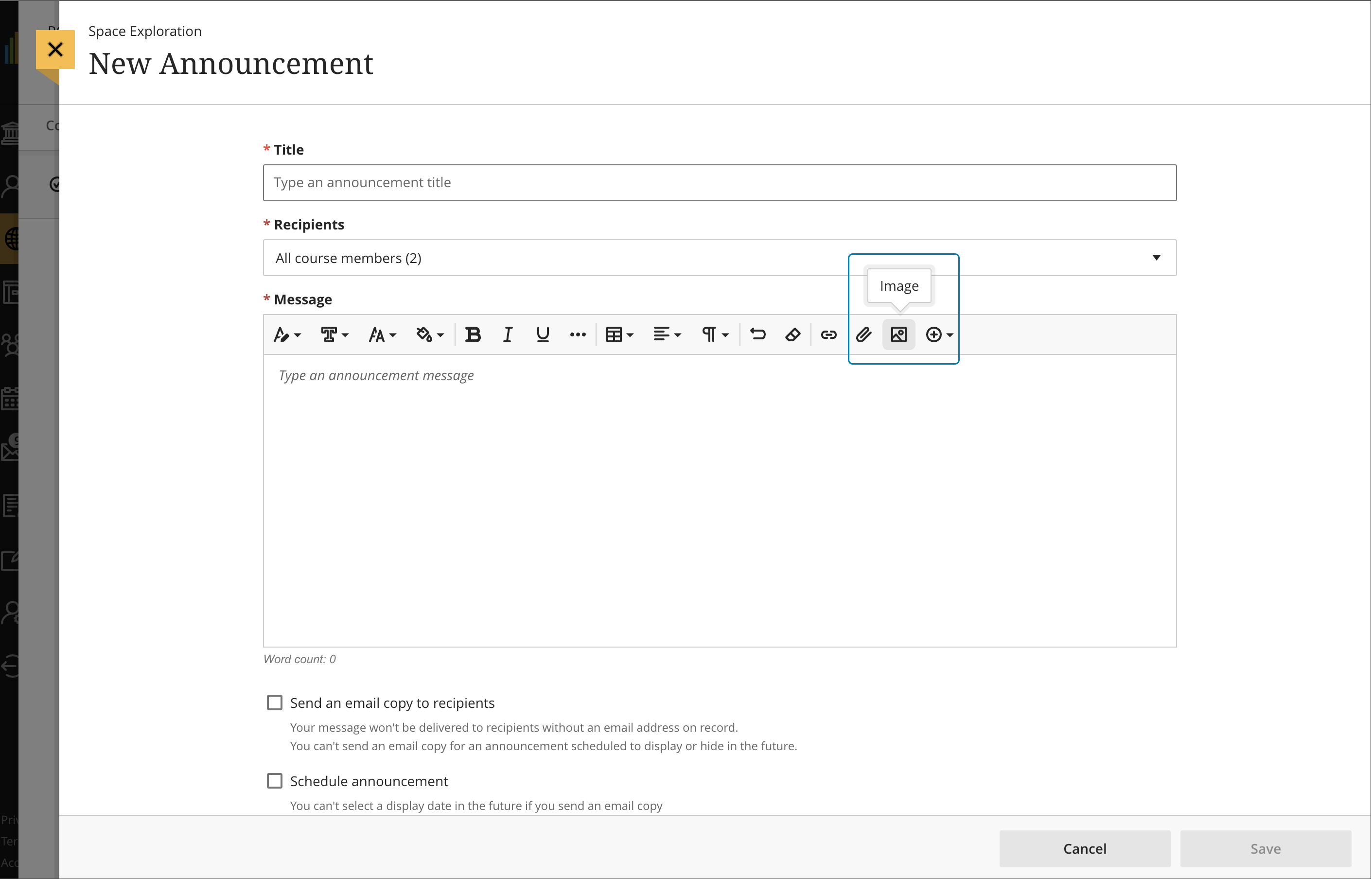 Instructor view - image button on content editor for Announcements