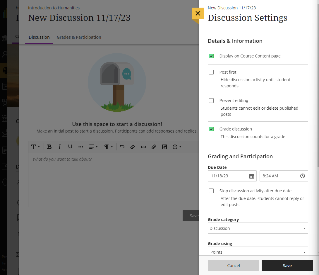 Image of the Discussion Settings panel