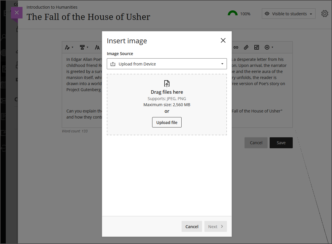 Image of the Insert Image popup, showing how you can upload from a device