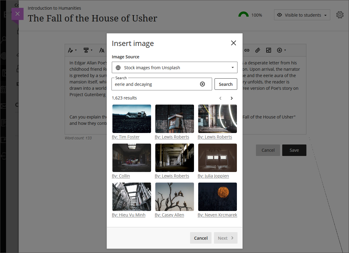 Image of the Insert Image popup options for Unsplash