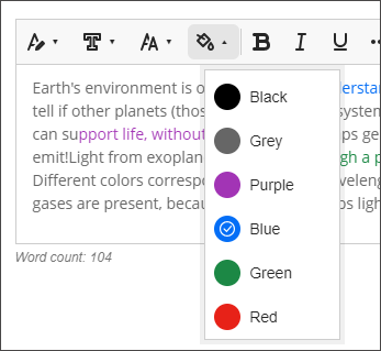 Earth's environment is tell if other planets (tho can support life, withou emit!Light from exoplan Different colors corresp gases are present, beca Word count: f 04 Black Grey Purple Blue erstal ysten ps ge hag s ligr 