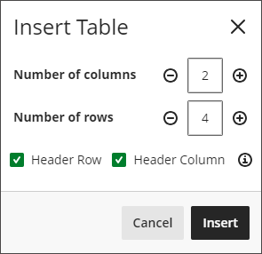 Insert Table Number of columns Number of rows e 2 4 x o o Header Row Header Column Cancel Insert 