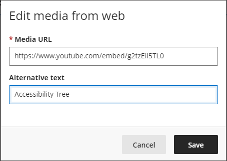 Edit media from web * Media URL https://wmv.youtube.com/embed/g2tzEilSTLO Alternative text Accessibility Tree Cancel 