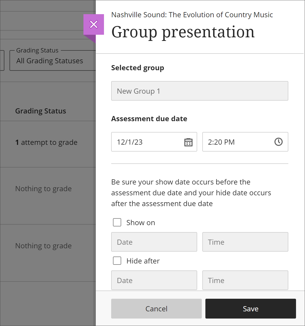 A group assessment's Submission page is open with the exceptions panel open