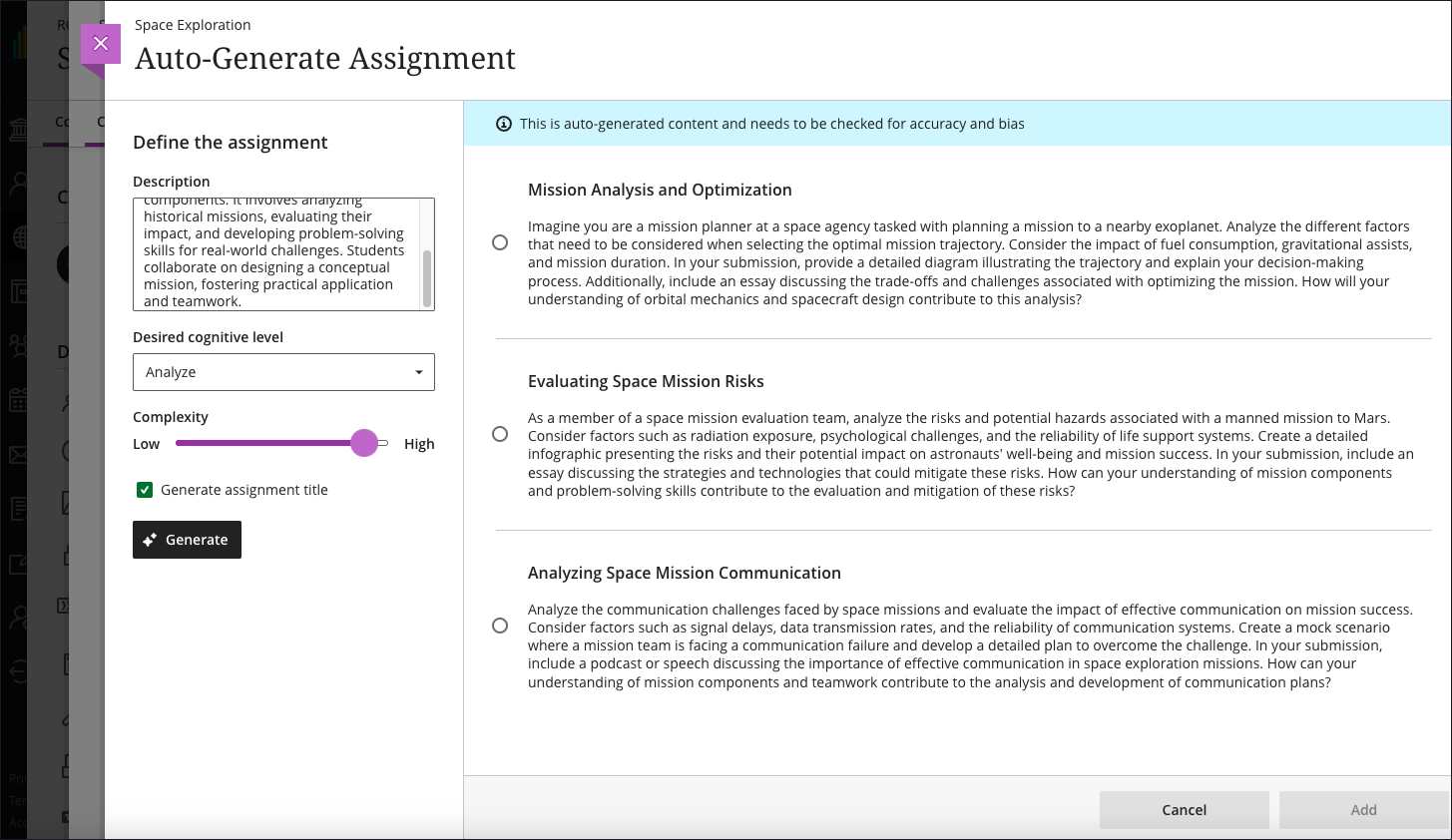 The 'Auto-Generate Assignment' panel is open, displaying three generated prompts on the screen. On the left-side options, there is included content.