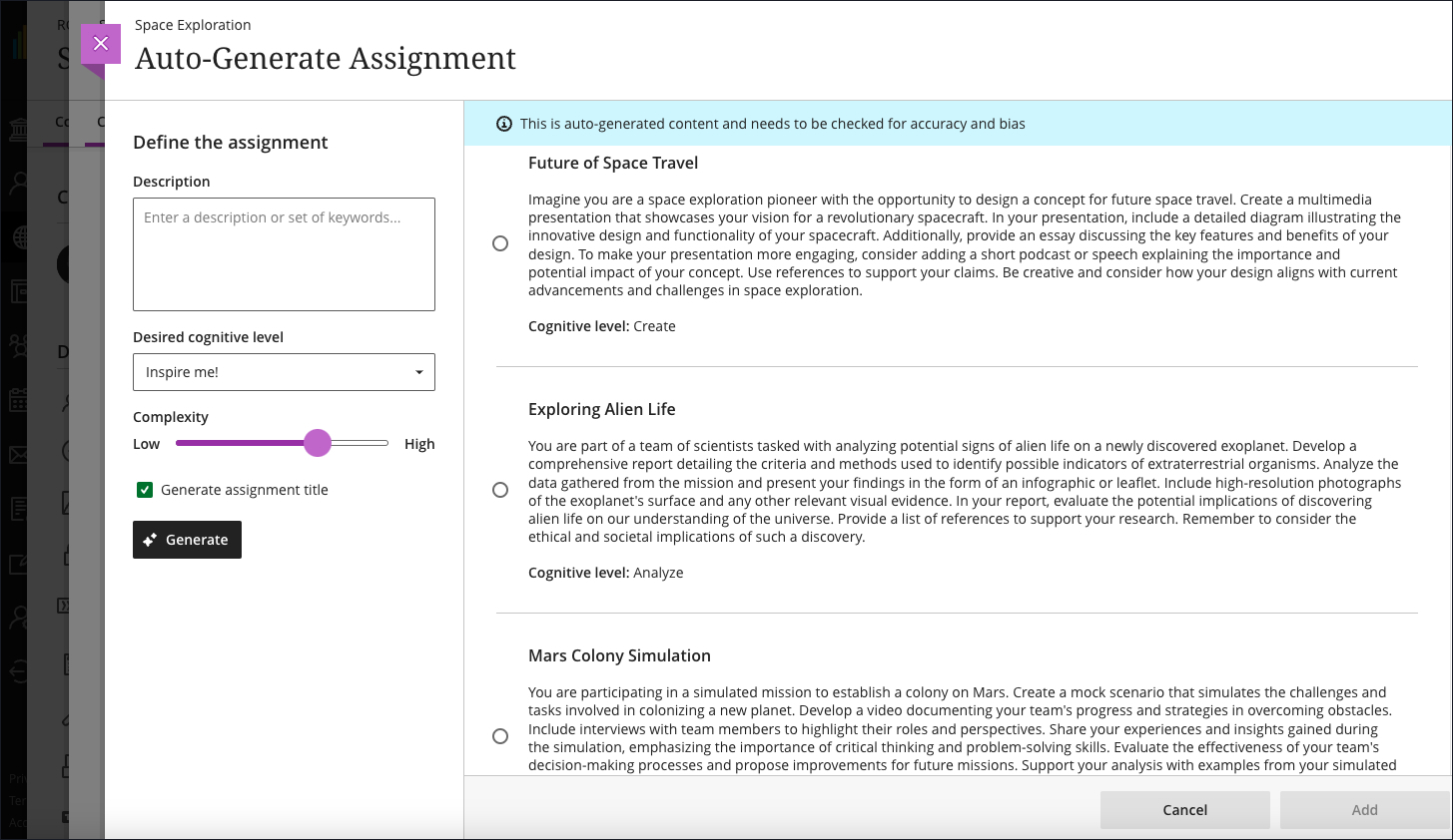 The "Auto-Generate Assignment" panel is opened, with three generated prompts on screen: each include a title, prompt, and cognitive process.