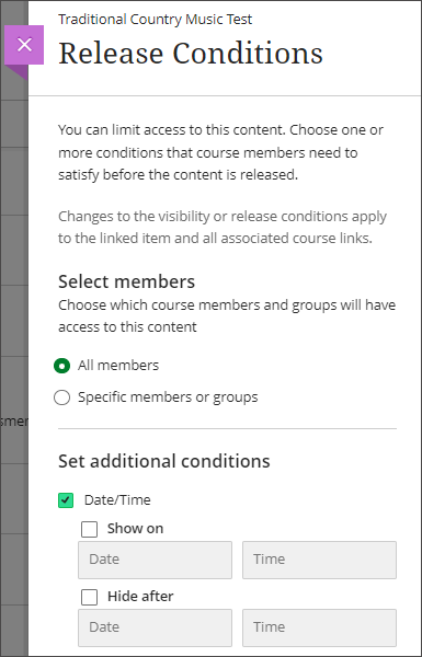 Course content Release conditions panel expanded to show options