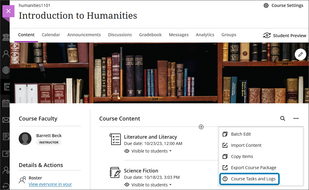 Image of the Course Content page with Course Tasks and Logs highlighted on the More options menu