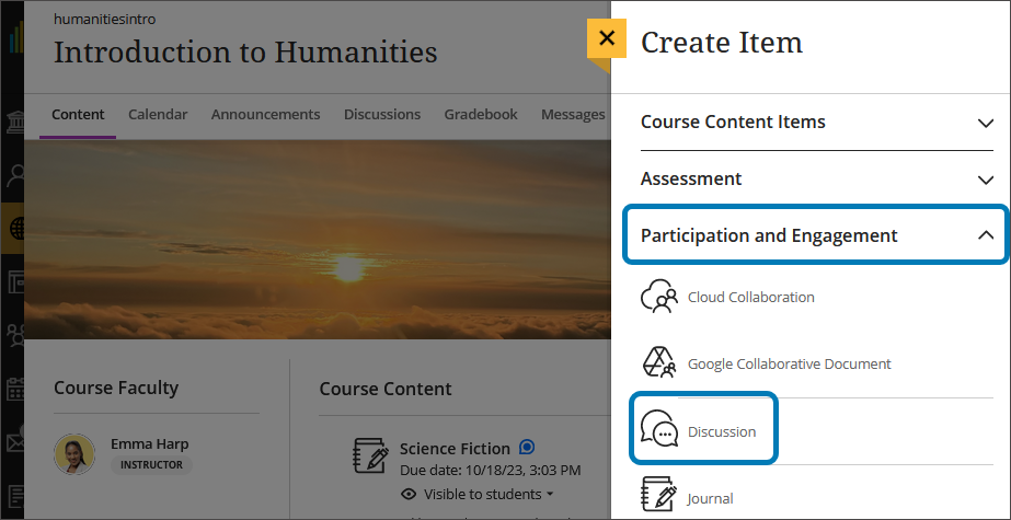 Image of the Create Item panel, with Participation and Engagement highlighted over the Discussions option