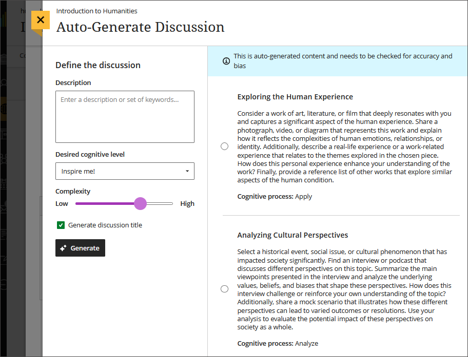 Image of the AI Design Assistant's Auto-Generate Discussion panel, with options on the left and discussion prompts on the right