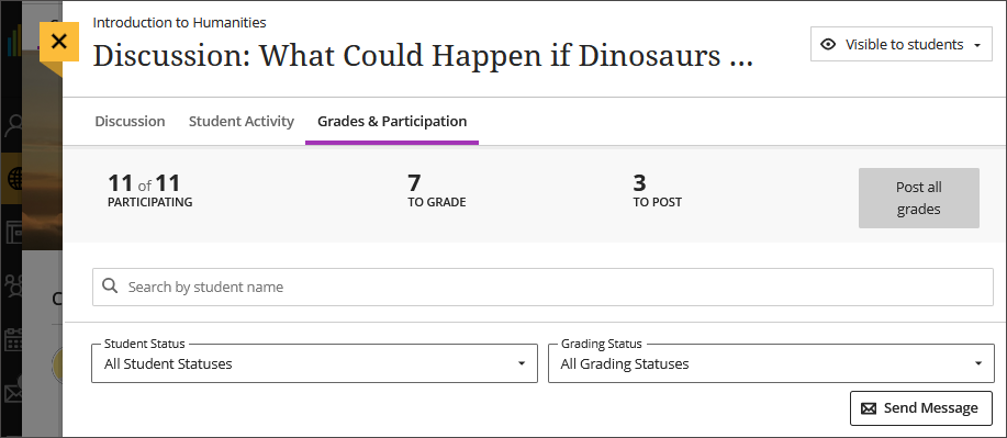 Image of the top of the Grades & Participation page, showing that 11 students are participating in the discussion
