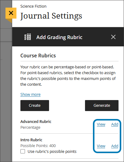 Image of the panel to create a rubric, highlighting the buttons for View and Add