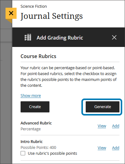 Image of the panel to add grading rubrics, with the Generate button highlighted