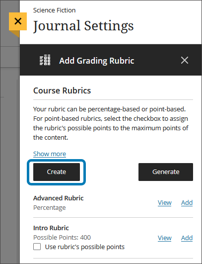 Image of the Course Rubrics panel, with the Create button highlighted
