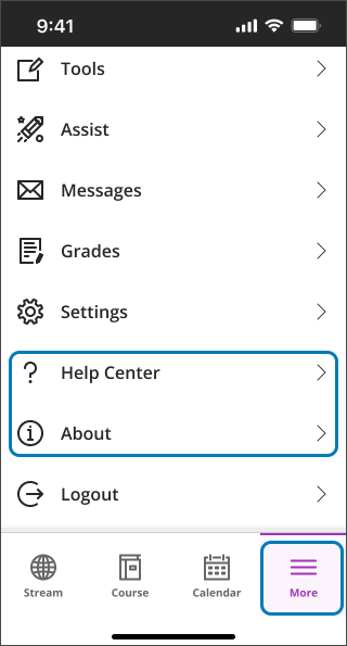 New sections in the More menu: About and Help Center