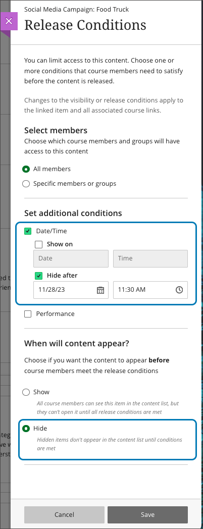 Release conditions settings with date/time release condition set in combination with Hide state in “When will content appear?”