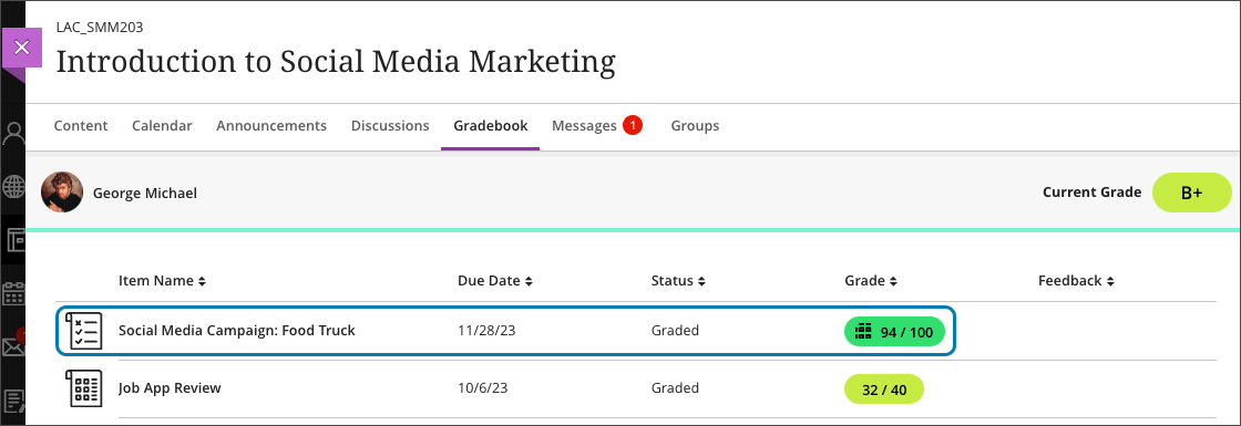 Student gradebook view with display of student’s grade regardless of the release condition setting in Image 1