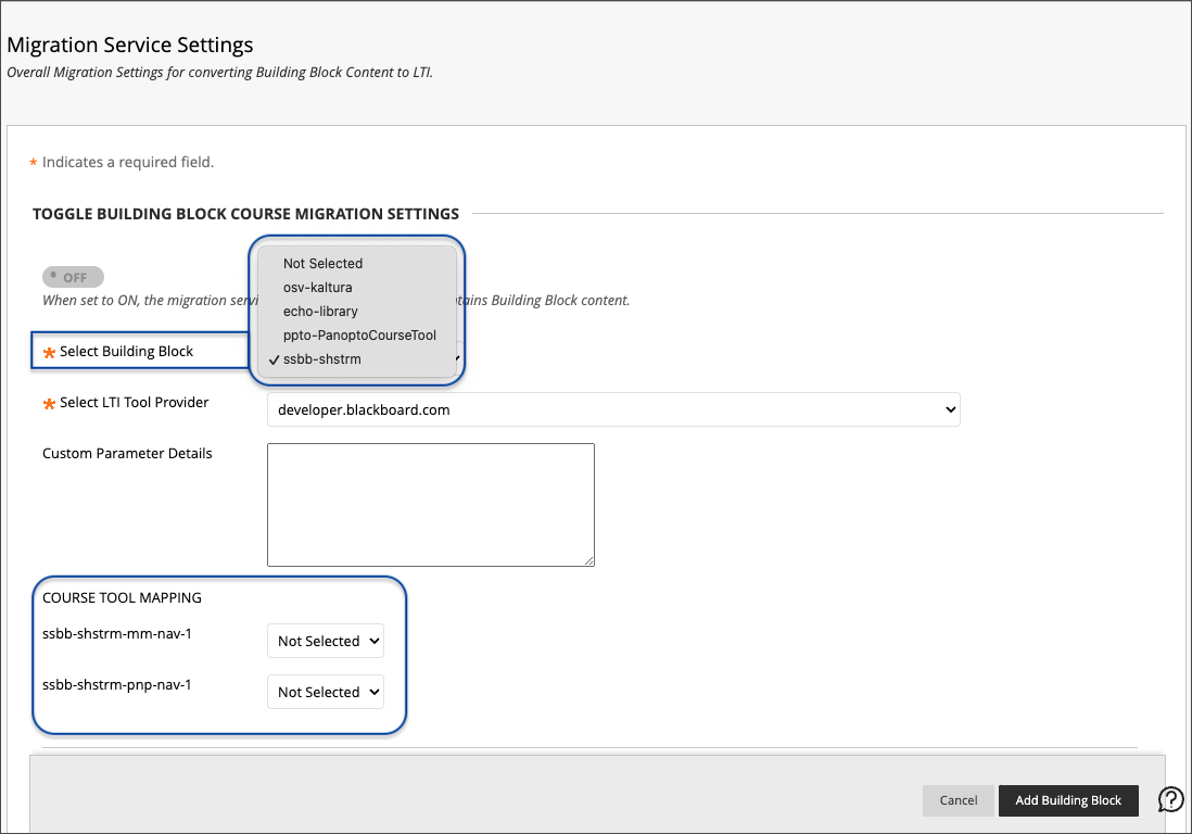 On Migration Service Settings screen, ShareStream is selected as the Building Block is selected as 